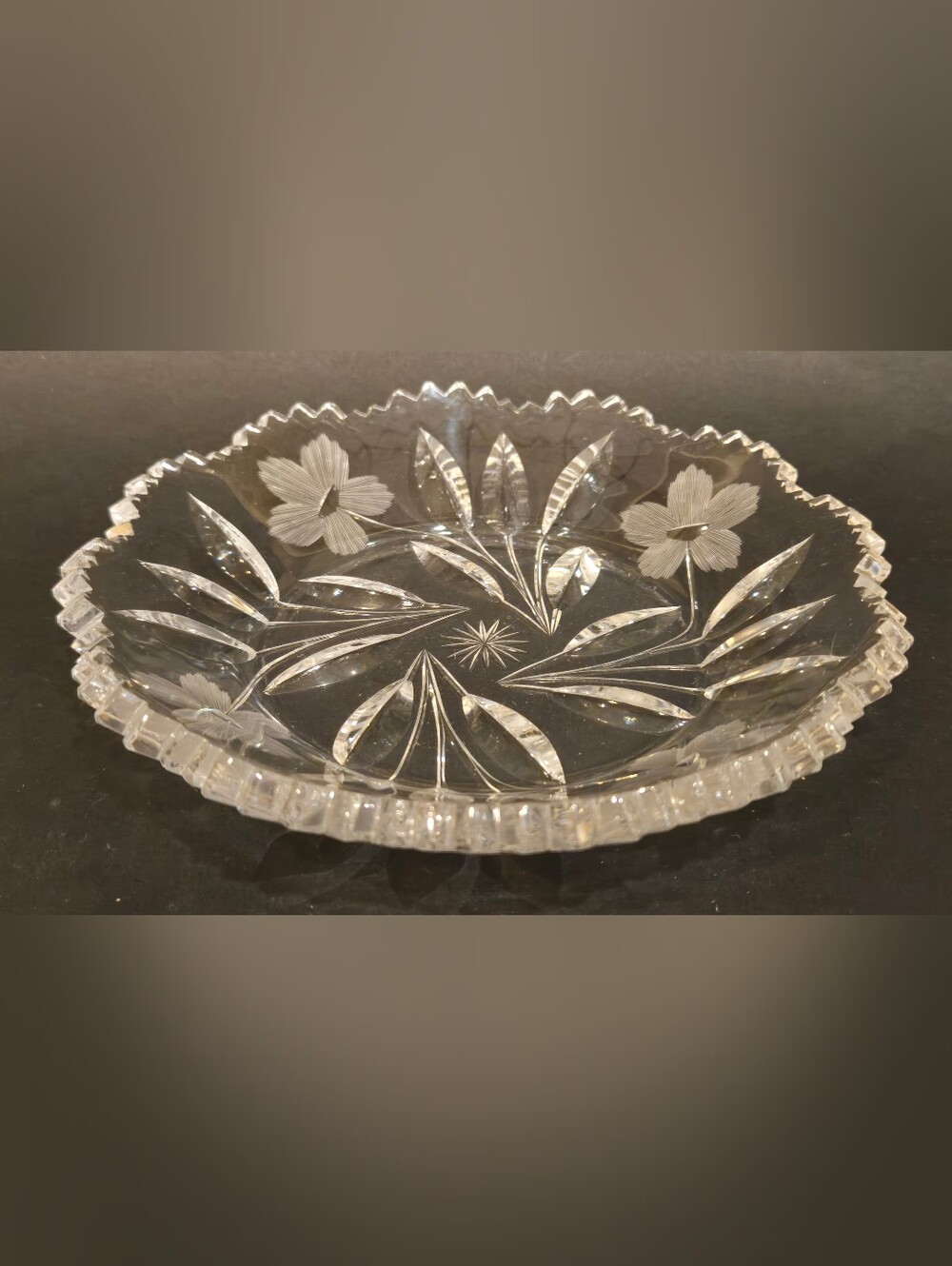 MCM American Brilliant Clear Etched Crystal Glass Floral Serving Bowl - Clear